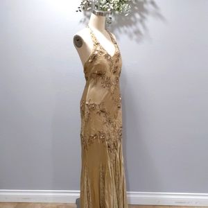 Cache Bias Cut Dress, Sz 10, Floor Length backless dress, Beige Color with lace